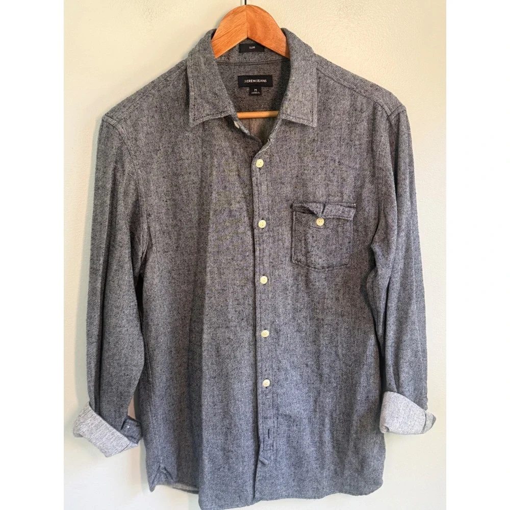 J.Crew Jeans Mens Medium Slim Fit Grey Herringbone Cotton Wool Blend Shirt